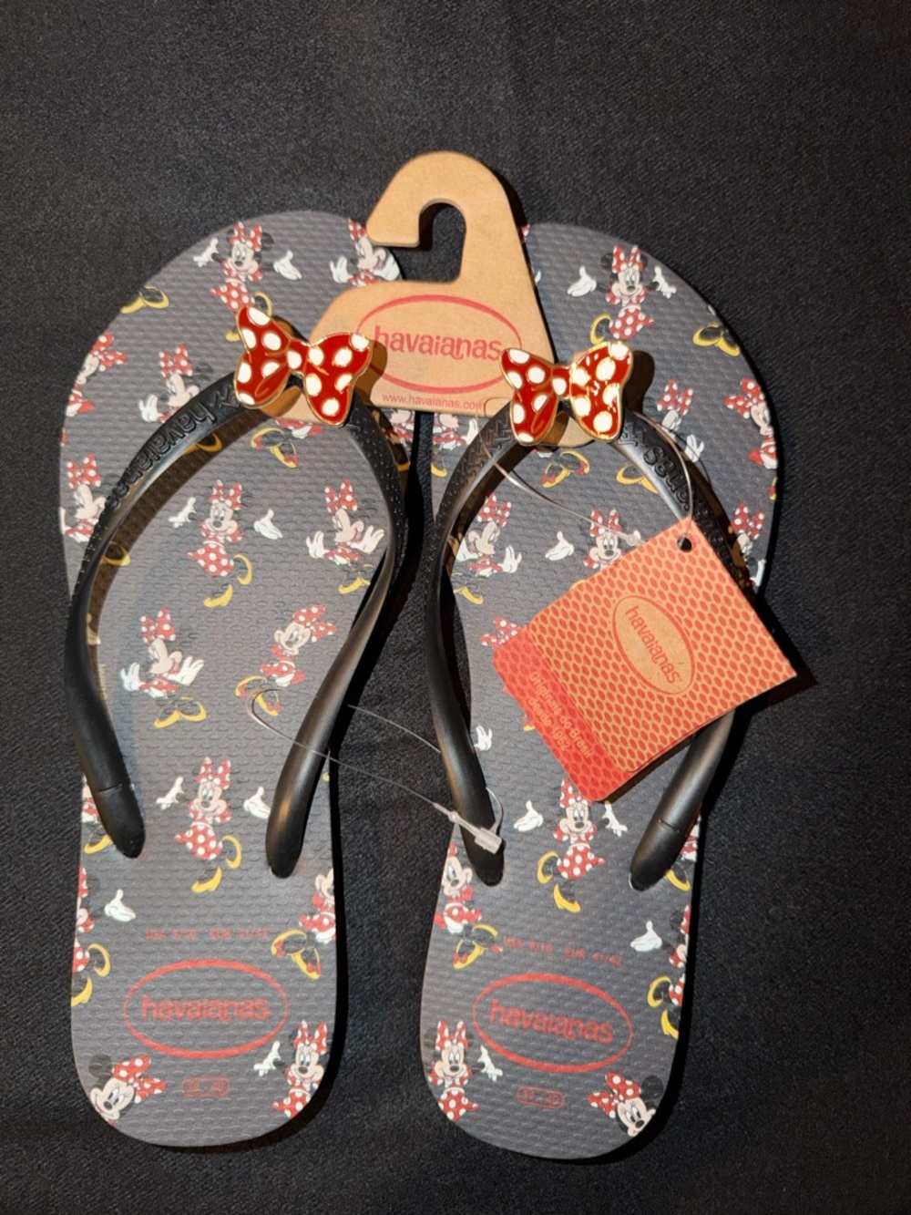 Havaianas Minnie Mouse Black Flip Flops with Red and Yellow Accents